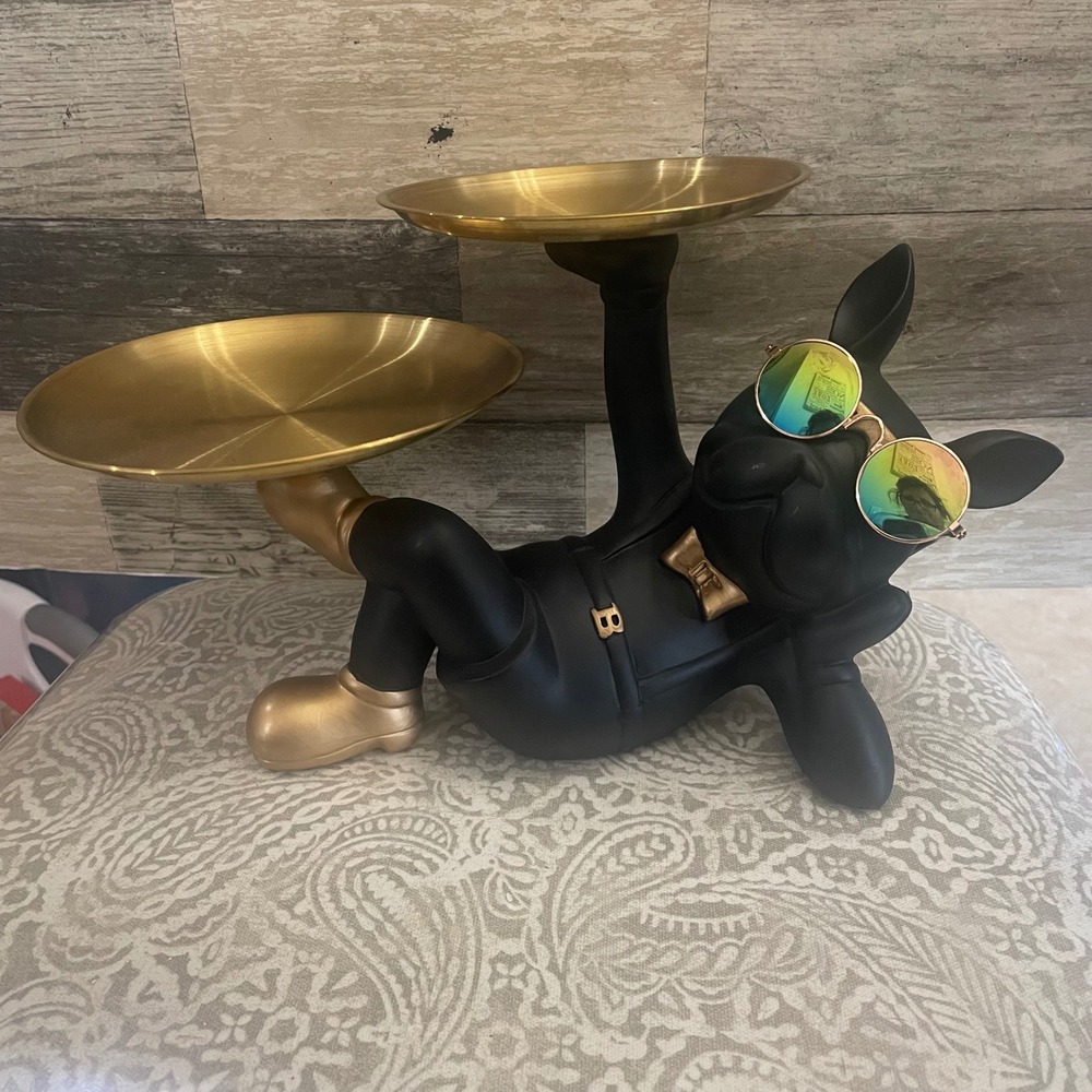 Whimsical Bulldog Butler Statue Decor - Gold Trays Stylish Sunglasses
